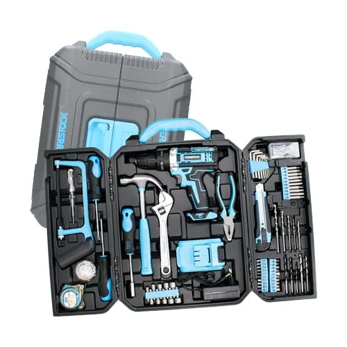 Ferrestock Bricoset FSKTAB101PLUS 21V Battery Operated Hammer Drill with Tools and Accessories for Most Household Work Includes Storage Box