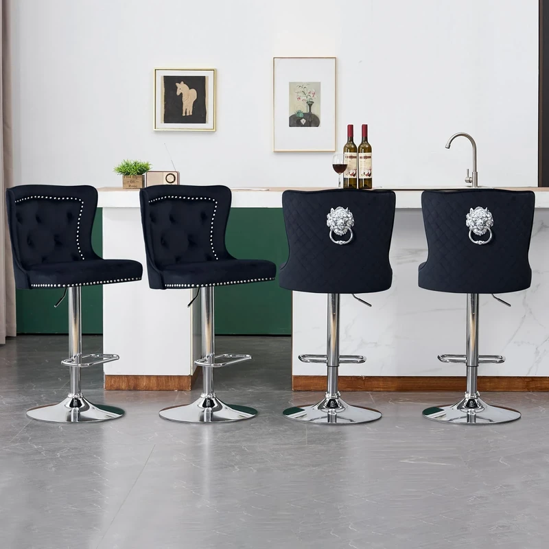 KHISCHMO Luxury Velvet Bar Stools Set of 4 with Lion Knocker Swivel Adjustable Breakfast Stools with Metal/Gold Base Counter Height Chairs with High Wing Back for Kitchen Island Bar Dining Room, Black