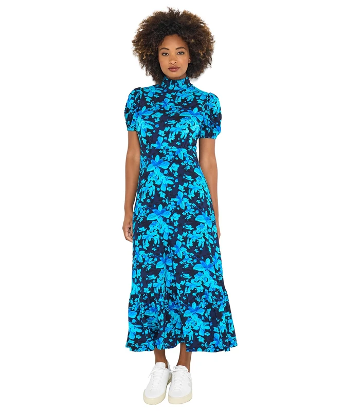 Joe Browns Women's Vintage Floral Print Puff Sleeve High-Neck Jersey Midi Dress, Petite, Blue, UK 8