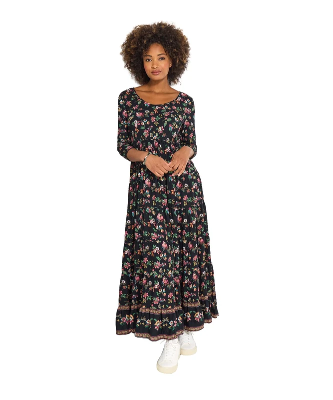 Joe Browns Women's Border Print Autumnal Floral Crinkle Cotton Maxi Dress, Petite, Black, UK 16