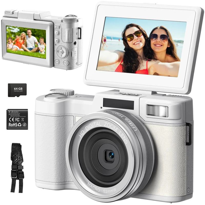 Bemkia Digital Camera 5K 64MP YouTube Vlogging Camera with 3-Inch 180° Flip Screen – 16X Digital Zoom, Auto-Focus, 64GB Memory Card for Teens, Beginners & Content Creators (White)