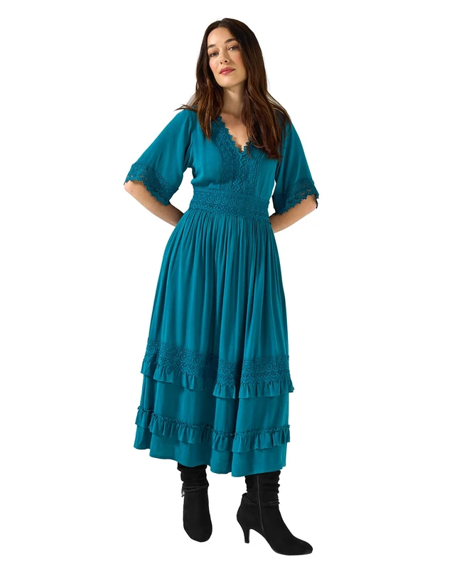 Joe Browns Women's Flattering Boho Lace High-Low Hem Dress, Teal, 36 Pequeño