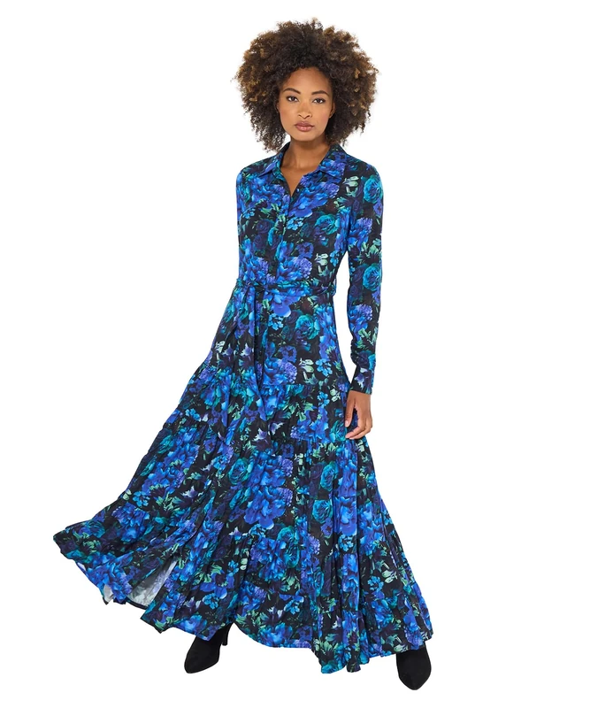 Joe Browns Women's Blue Print Floral Maxi Shirt Dress, Petite, Blue, UK 14