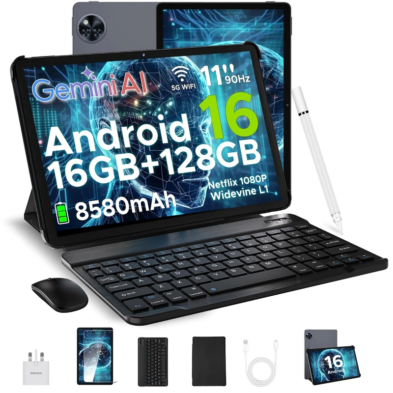 DOOGEE U11 Android 16 Tablet with Keyboard, Gemini AI Android Tablets 11 Inch Octa-Core 16GB RAM 128GB ROM(TF 2TB), 8580mAh Battery, Widevine L1|5G WiFi Tablet with Pen, Mouse & Case, Black - Image 1