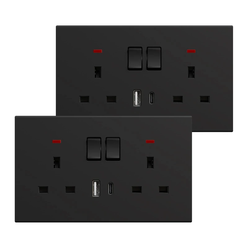 BSEED Double Socket with USB C 2 Pack, Electrical Double Switched Power Plug Wall Socket with LED Indicator, PC Wall Plate Outlet, Black, 13A