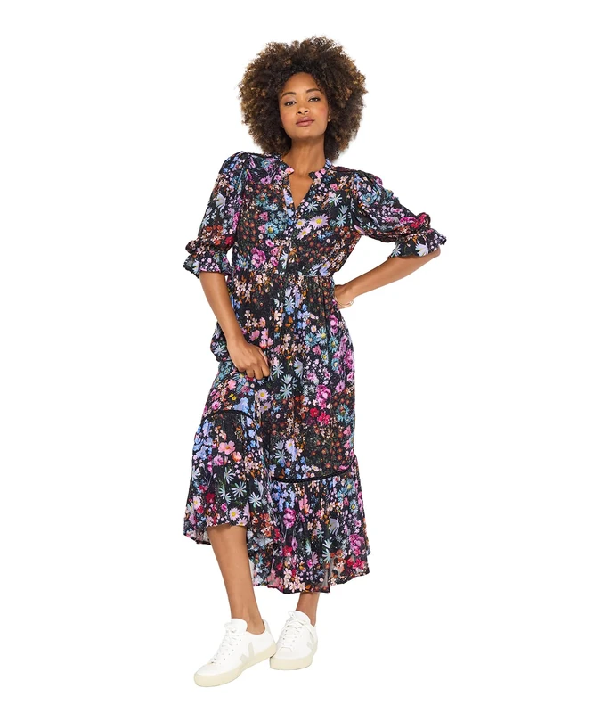 Joe Browns Women's Tiered Georgette Autumn Floral Midi Dress, Regular, Black, UK 8