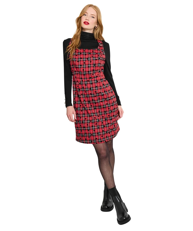 Joe Browns Women's Heart PrintTartan Check Pinafore Mini Dress, Petite, Red, UK 18