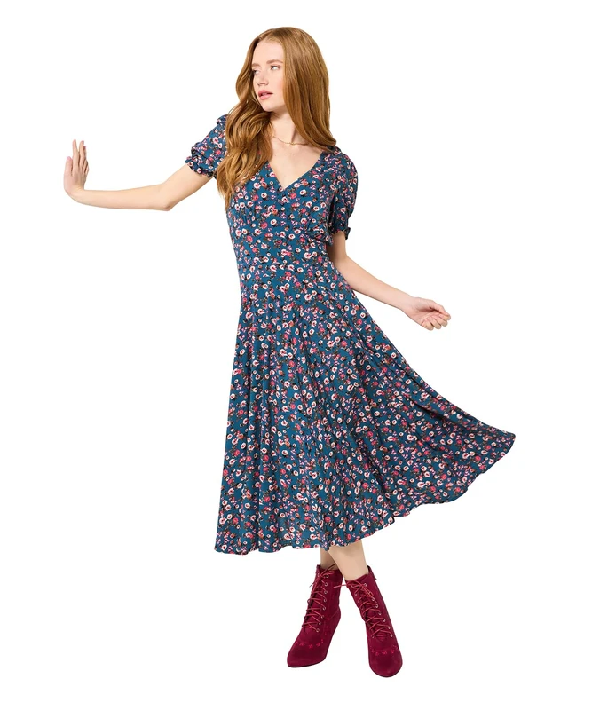 Joe Browns Women's Floral Print Ditsy Tea Dress, Petite, Blue, UK 18