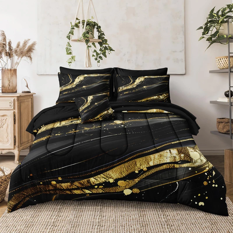MOVE OVER Black Gold Marble Comforter Set Queen Size 8 Pieces Bed in a Bag 100% Soft Microfiber Lightweight and Breathable Metallic Marble Bedding Set for Modern Bedroom