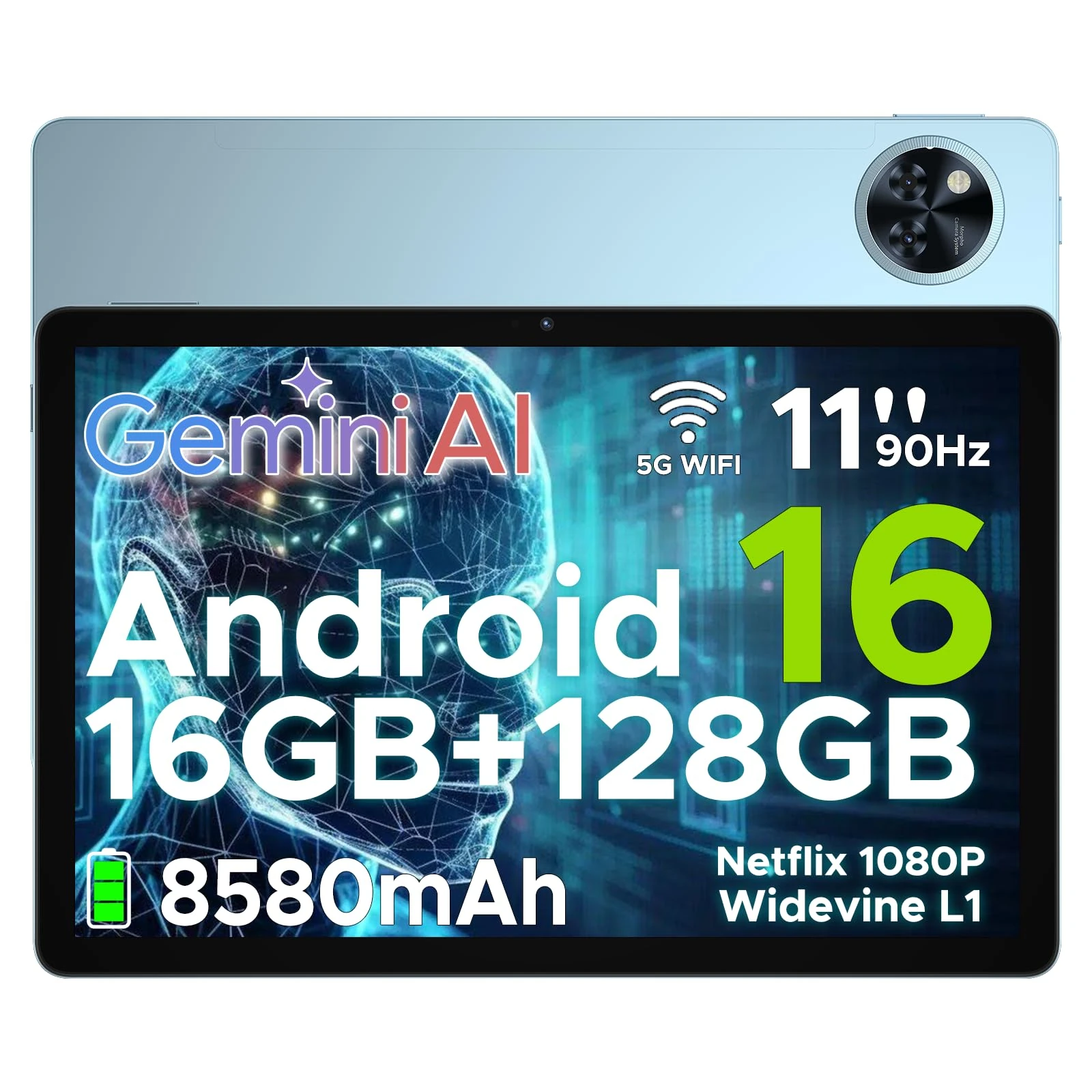 DOOGEE U11 Android 16 Tablet 11 Inch - 2025 Newest Android Tablets 16GB+128GB/2TB, 8580mAh, 90 Hz Octa-Core Gaming Tablet, Widevine L1, Gemini AI, 1080P, BT 5.0, 5G WiFi, 13MP+5MP, GPS, OTG - Blue