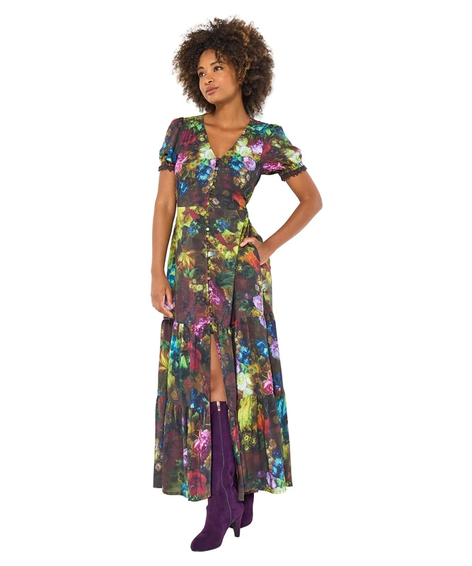 Joe Browns Women's Floral V-Neck Midi Dress, Regular, Green, UK 8
