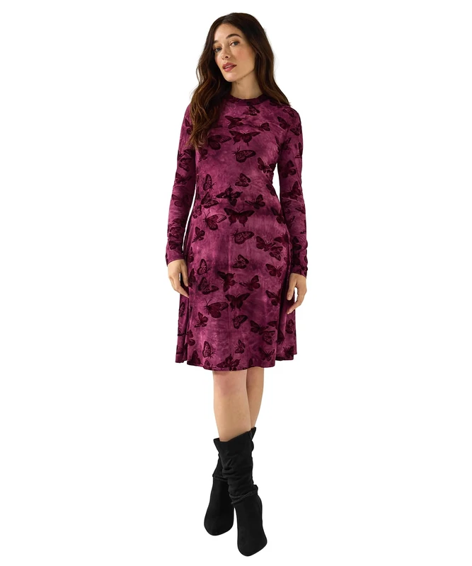 Joe Browns Women's Flocked Butterfly Jersey Mini Skater Dress, Regular, Plum, UK 12 - Image 1