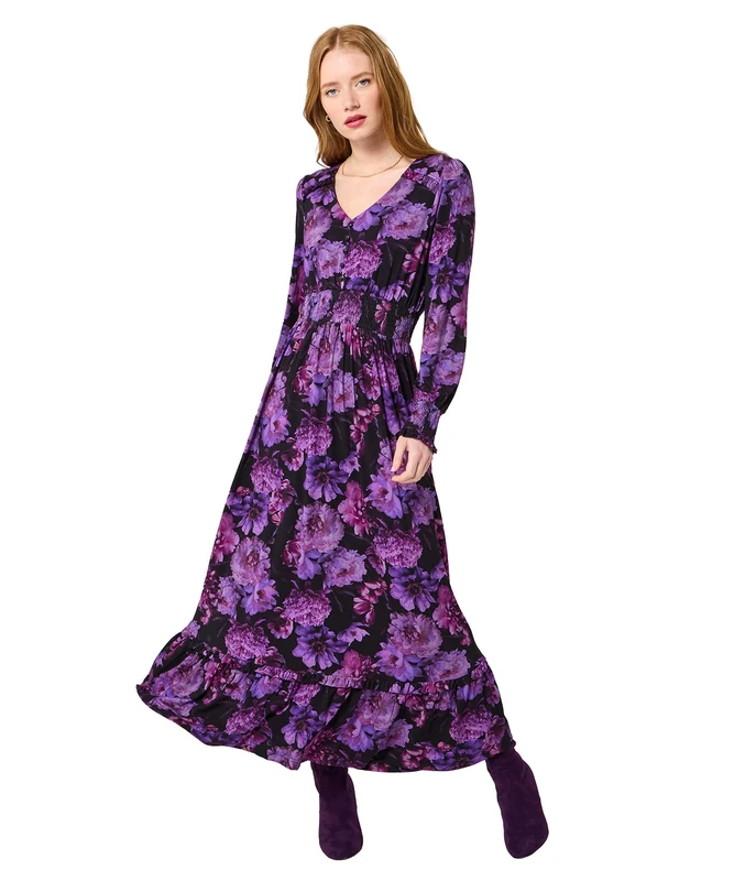 Joe Browns Women's Dark Floral Print Jersey Maxi Dress, Petite, Purple, UK 12