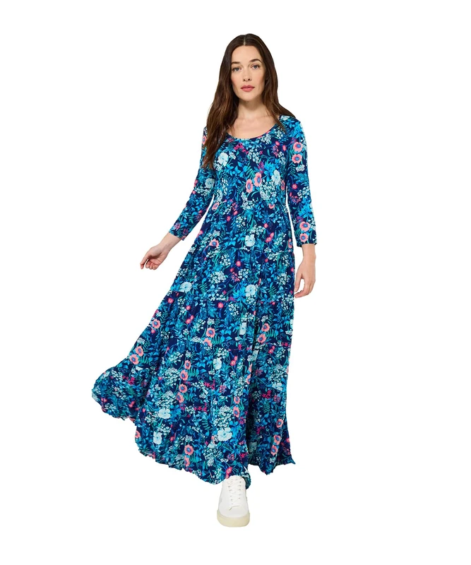 Joe Browns Women's Bright Floral Crinkle Cotton Maxi Dress, Blue, 42 Petite