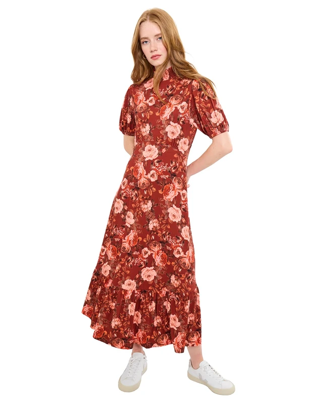Joe Browns Women's Oversized Autumnal Floral Vintage Puff Sleeve High-Neck Jersey Midi Dress, Petite, Brown, UK 18