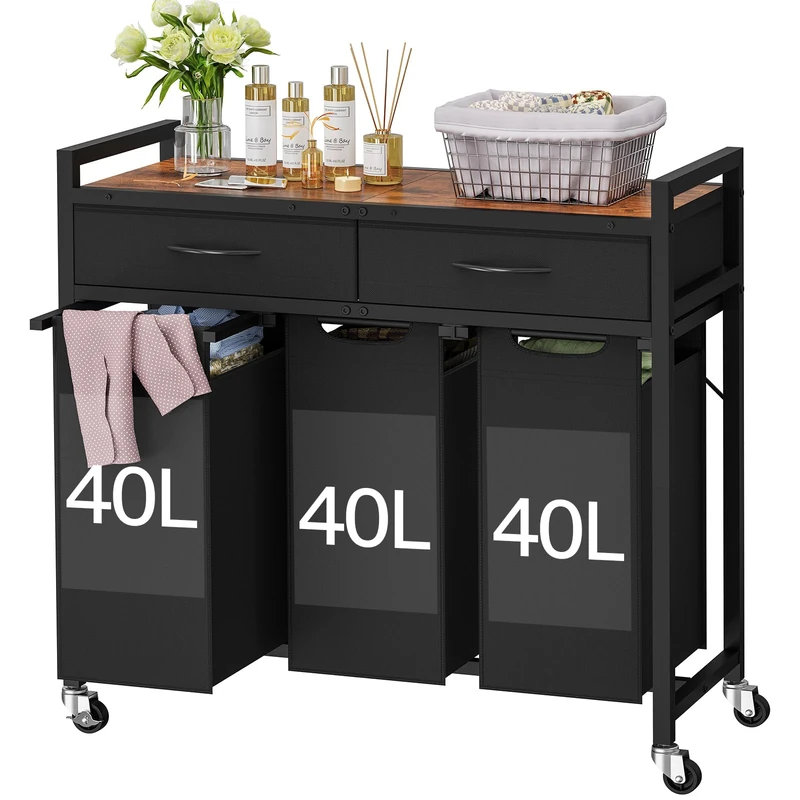 Laundry Sorter 3 Section, 120 L Laundry Hamper with 2 Drawers & 2-tone Top Panel, Rolling Laundry Basket Organizer with Pull-Out Removable Oxford Fabric Bags for Laundry Room Organization UNZYL006BVV3