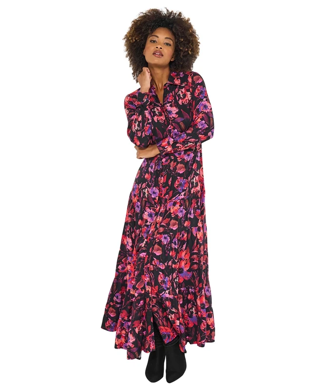 Joe Browns Women's Pink Floral Maxi Shirt Dress, Petite, Red, UK 14