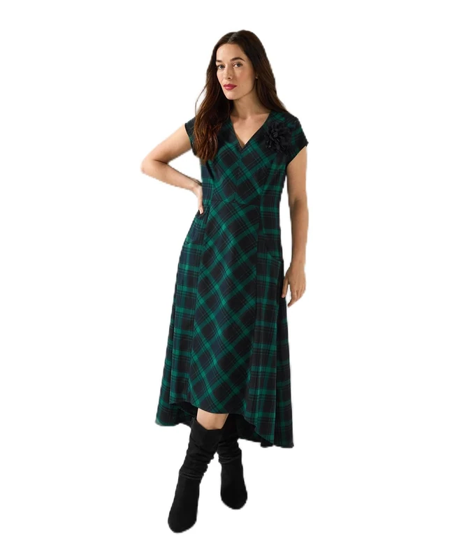 Joe Browns Women's Lace-Up Tartan Check High-Low Maxi Dress with Corsage, Petite, Green, UK 6