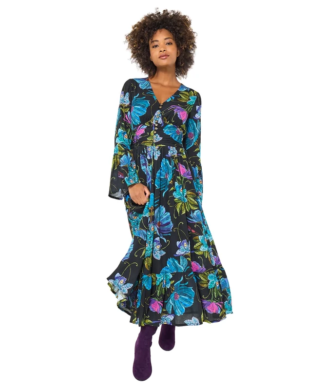 Joe Browns Women's Bold Floral Boho Maxi Dress, Petite, Black, UK 8
