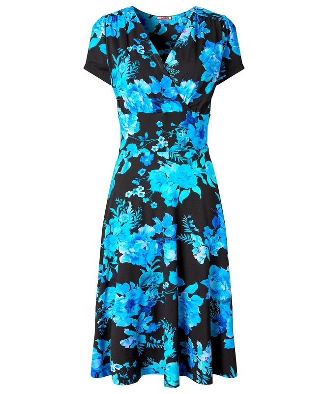 Joe Browns Women's Winter Floral Wrap Front Knee-Length Jersey Dress, Blue, 16