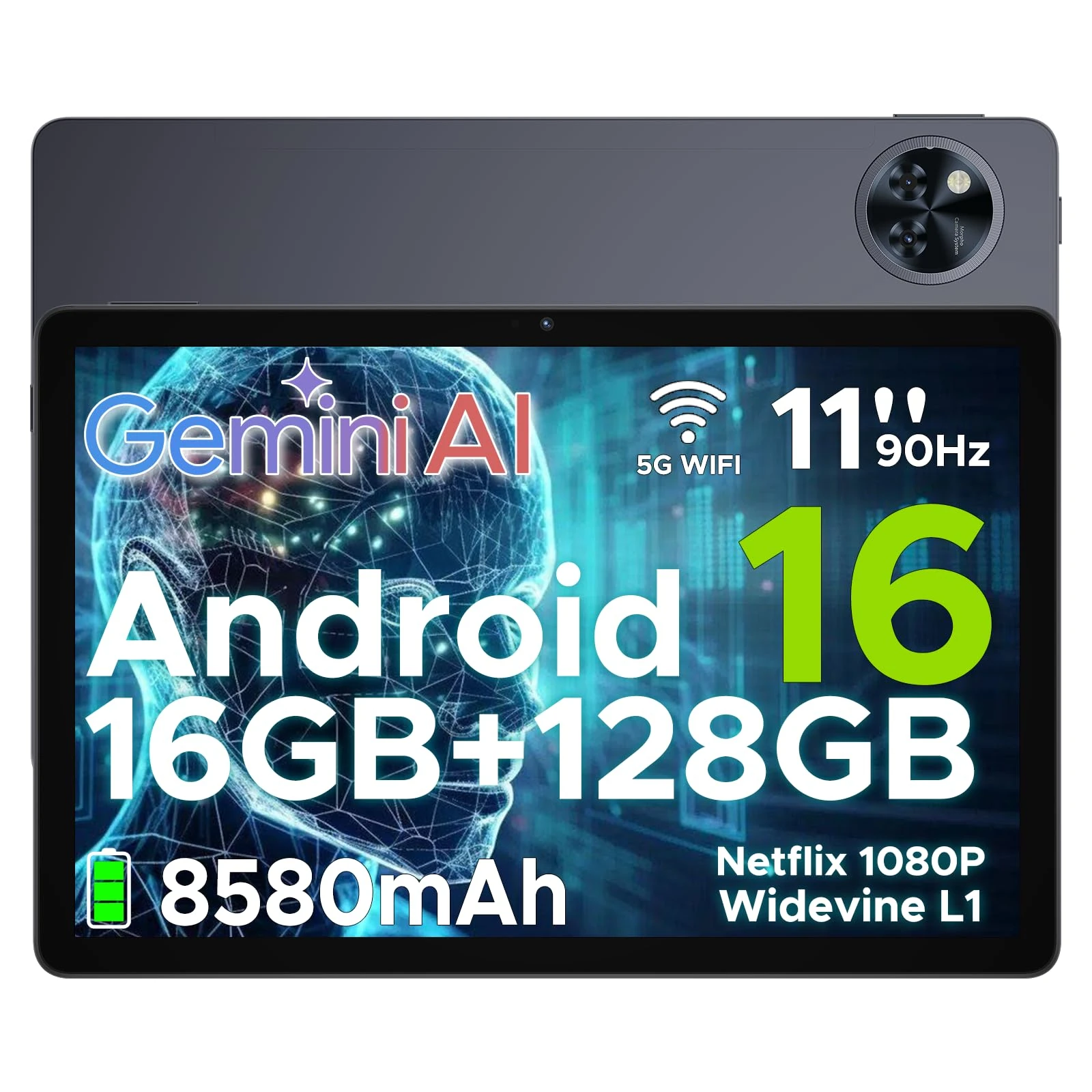 DOOGEE U11 Android 16 Tablets with Gemini AI, 11 Inch Tablet, 16GB+128GB/2TB, 8580mAh, 90 Hz Gaming Tablet, Octa Core Android Tablets, 5G WiFi | Widevine L1 | Face ID | 13MP+5MP | OTG | GPS - Gray