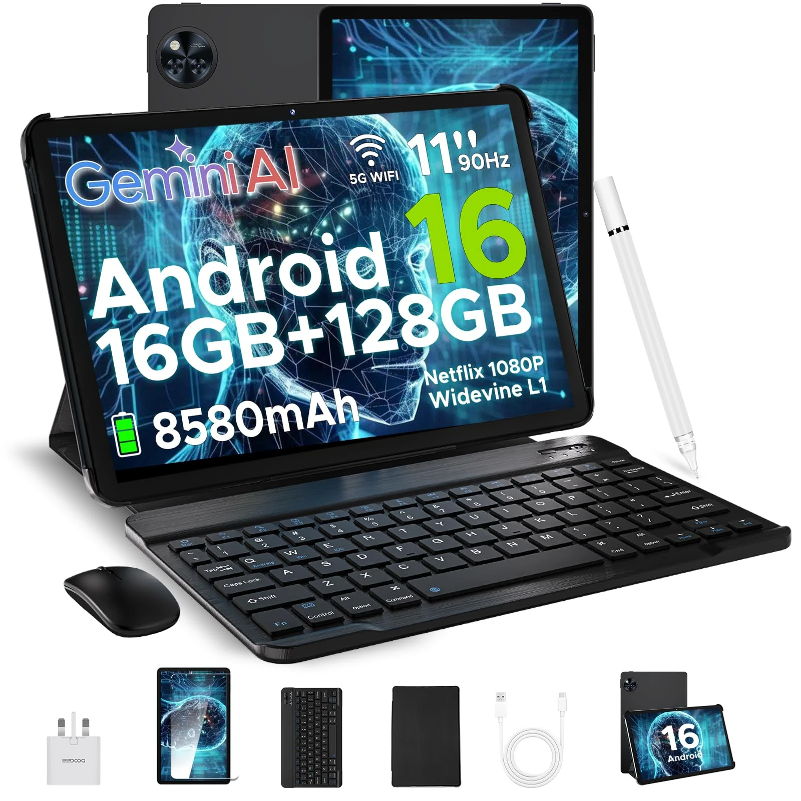 DOOGEE U11 2025 Newest Android 16 Tablet 11 Inch, Gemini AI Android Tablets Octa-Core 16GB RAM 128GB ROM(TF 2TB), 8580mAh Battery, Widevine L1|3.5mm Jack|GMS|5G WiFi Tablet with Keyboard&Pen, Black