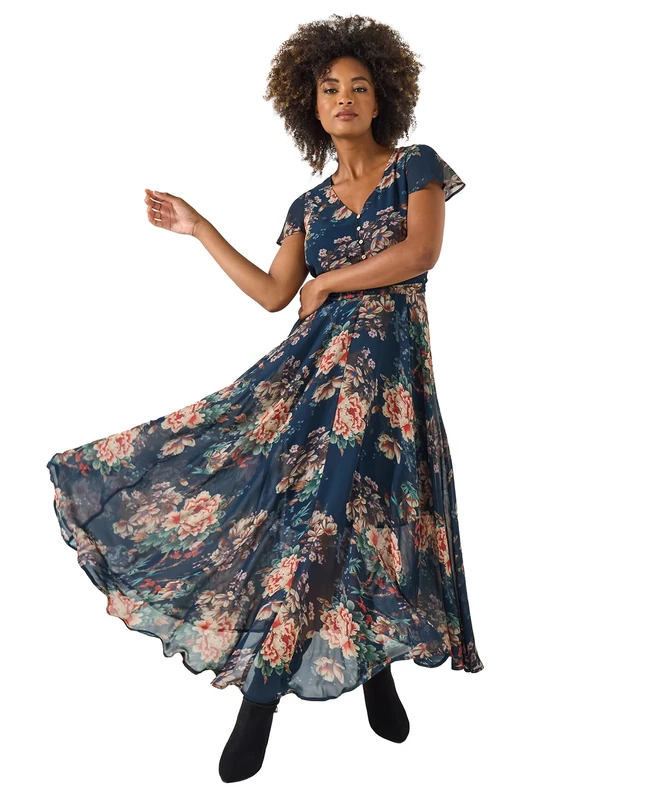 Joe Browns Women's Georgette Fabric Vintage-Inspired Floral Dress, Blue, 10 Petite