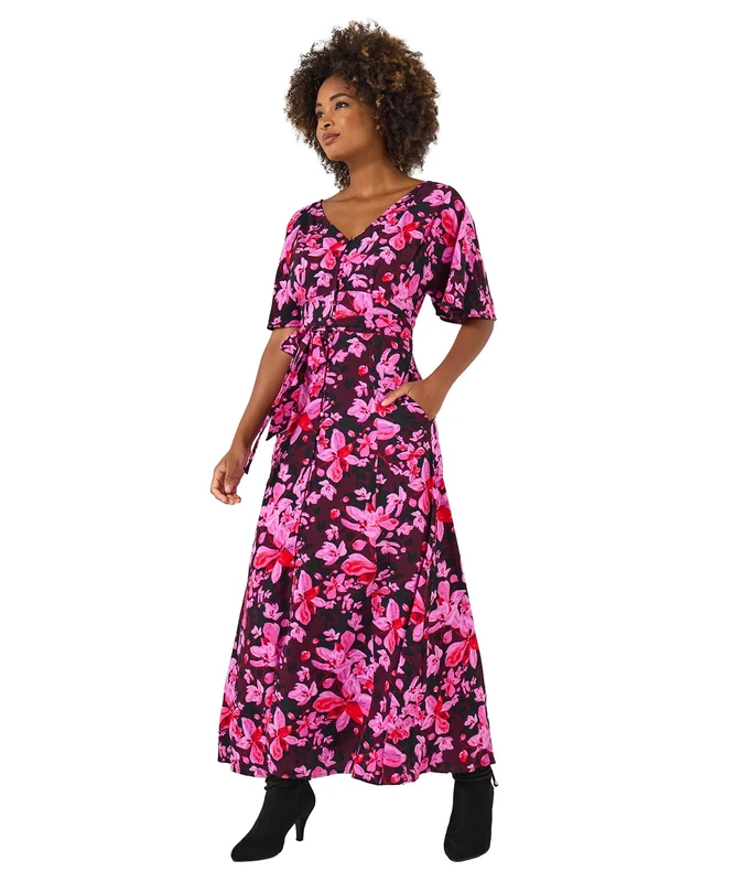 Joe Browns Women's Print Floral Wide Sleeve Button-Through Maxi Dress, Petite, Pink, UK 16
