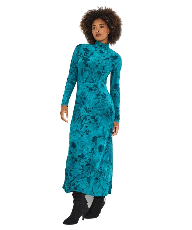 Joe Browns Women's Autumnal Flocked Print High-Neck Maxi Dress, Petite, Teal, UK 6