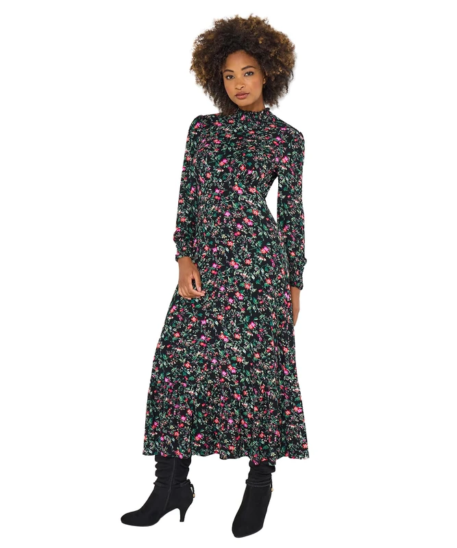 Joe Browns Women's High-Neck Vintage Frill Winter Floral Jersey Midi Dress, Petite, Black, UK 6