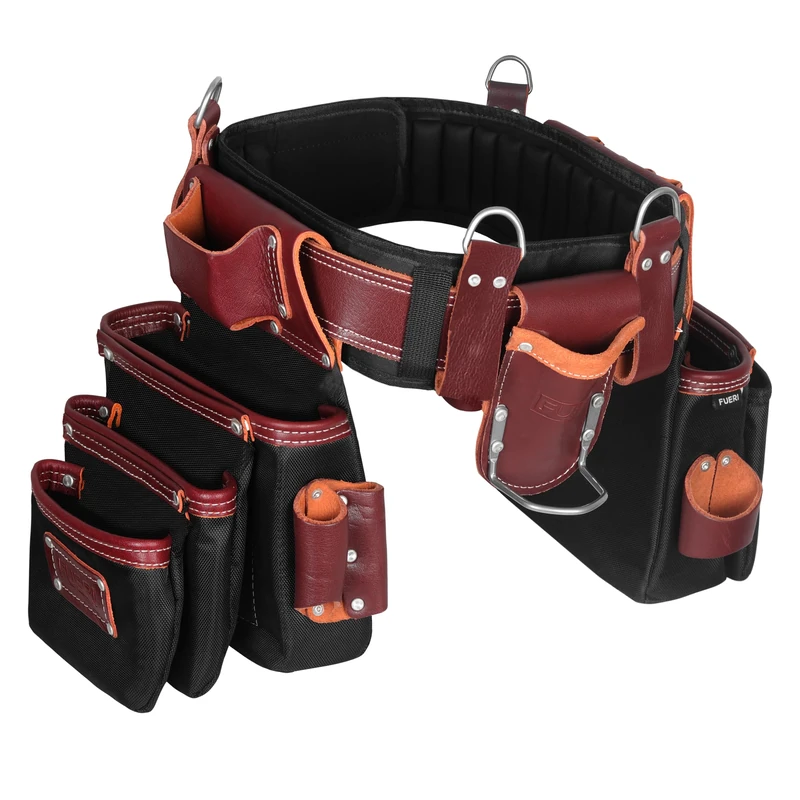 FUERI Electrician's Heavy Duty 26 Pocket Leather-Nylon Tool Belt & Bag Combo for Men, Comfort Back Support Padded Belt, 2 Large Storage Capacity Pouches, Best for Framers, Carpenter, Roofing
