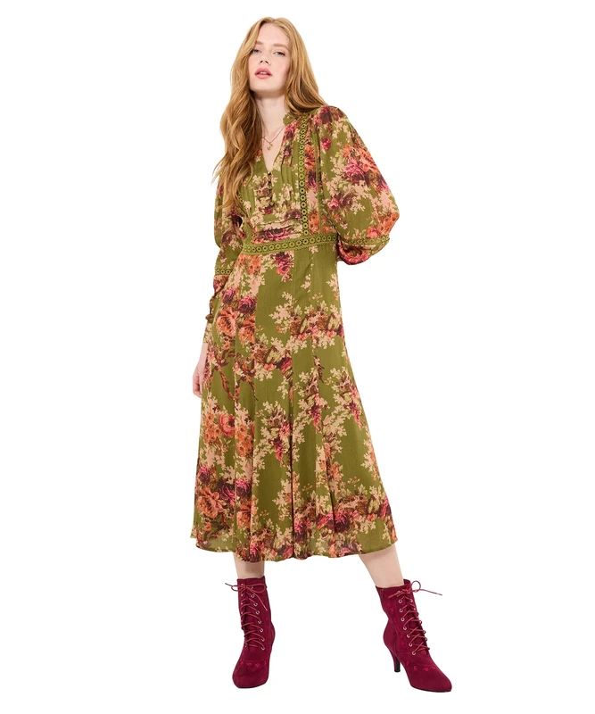 Joe Browns Women's Vintage Roses Midi Dress, Regular, Green, UK 16