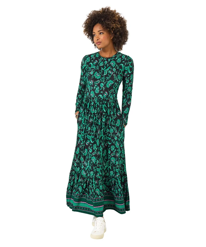 Joe Browns Women's Floral Border Print Boho Jersey Dress, Petite, Black, UK 14