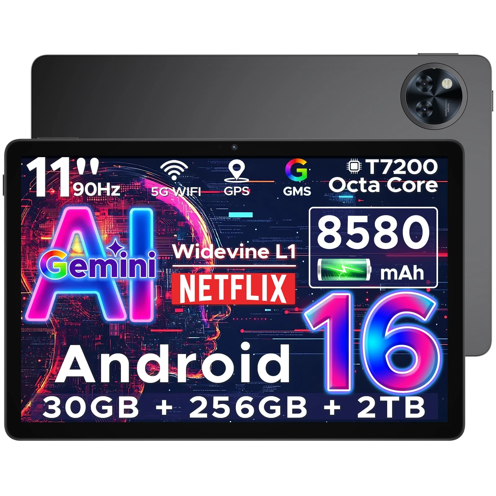 DOOGEE U11 Pro 2025 Newest Android 16 Tablet 11 Inch, Gemini AI Android Tablets Octa-Core 30GB RAM 256GB ROM(TF 2TB), 8580mAh Battery, 3.5mm Jack | Widevine L1 | 5G WiFi | 13MP+5MP | GPS | OTG, Black