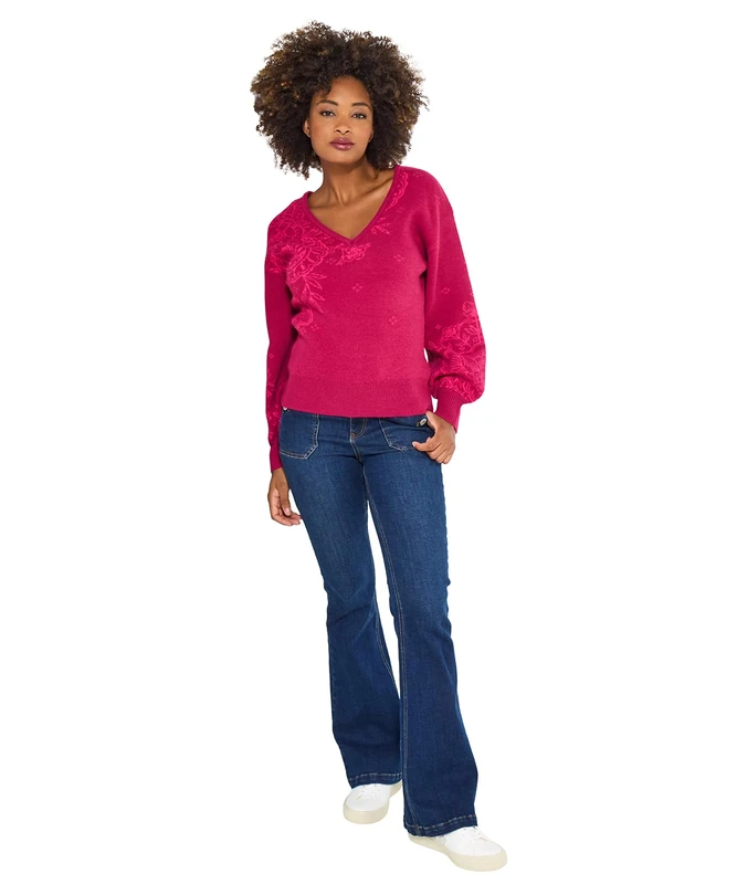 Joe Browns Women's Relaxed Fit Paisley V-Neck Jumper Sweater, Pink, 10