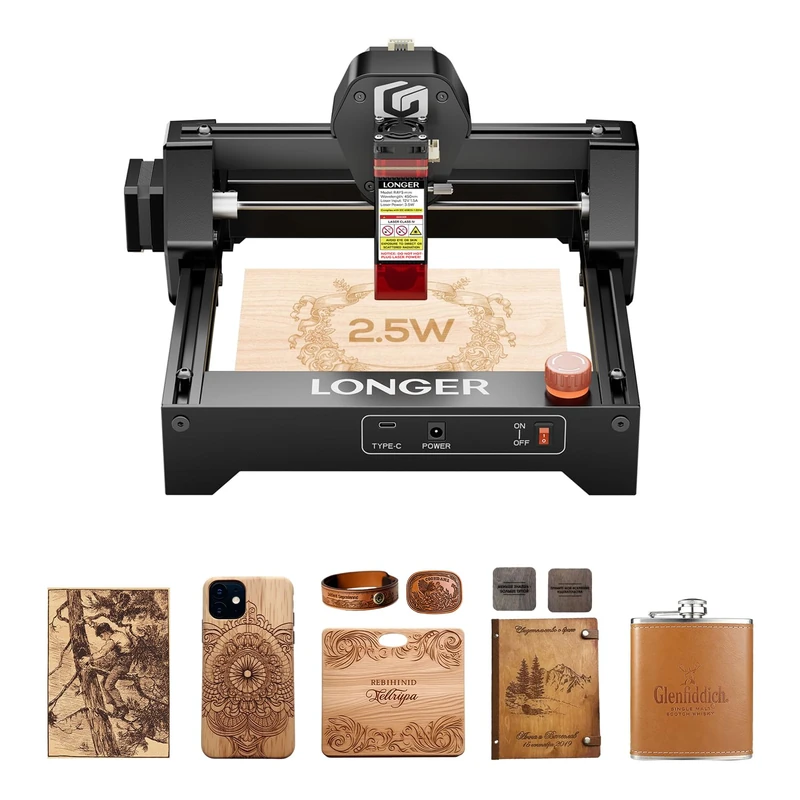 Longer RAY5 2.5W Mini Laser Engraving Machine, Speed 12000mm/min, Surface 130×140mm, Ideal for Wood, Metal, Acrylic and Leather.with Wi-Fi and Emergency Button for More