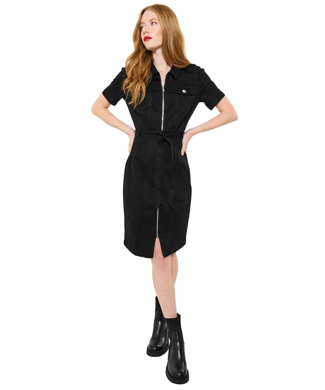Joe Browns Women's Vintage Zip-Front Stretch Denim Dress, Petite, Black, UK 18