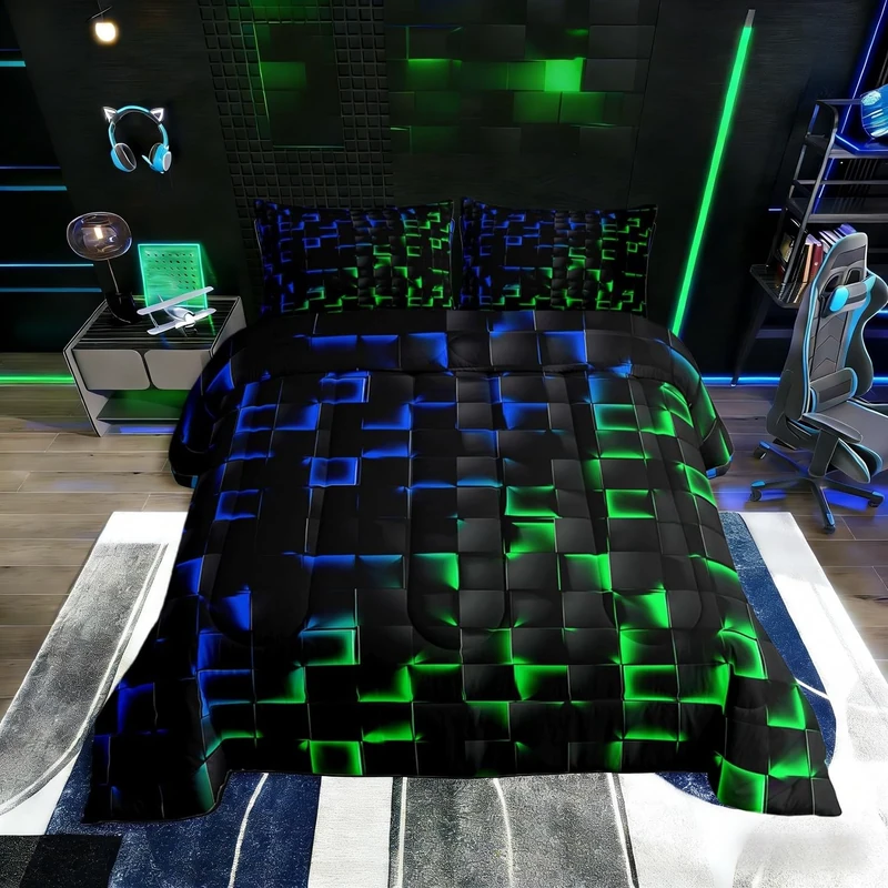 Erosebridal Geometric Checkered Comforter Set Full Neon Blue Green Bedding Set for Kids Boys Teen Gamer Room Decor,Abstract Ombre Plaid Comforter Geometry Grids Quilt Duvet Black