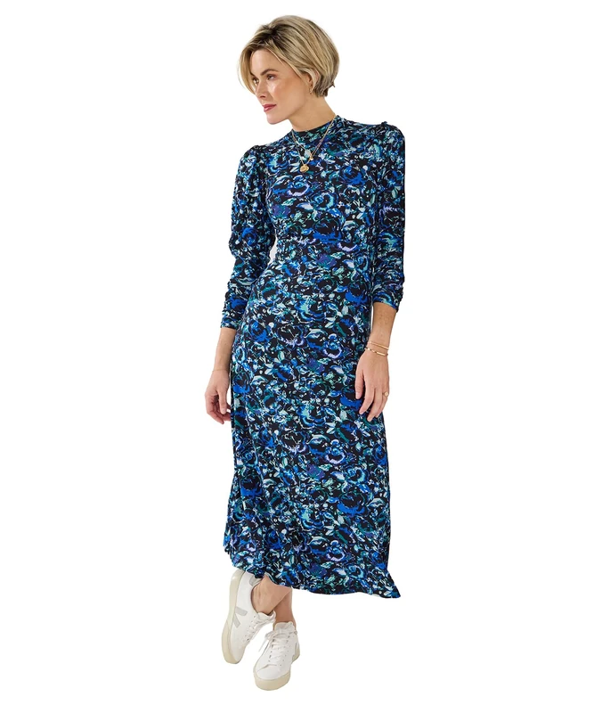 Joe Browns Women's High-Neck Vintage Frill Floral Jersey Midi Dress, Petite, Blue, UK 12