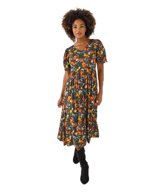 Joe Browns Women's Autumn Print Floral Vintage Dress, Regular, Green, UK 12