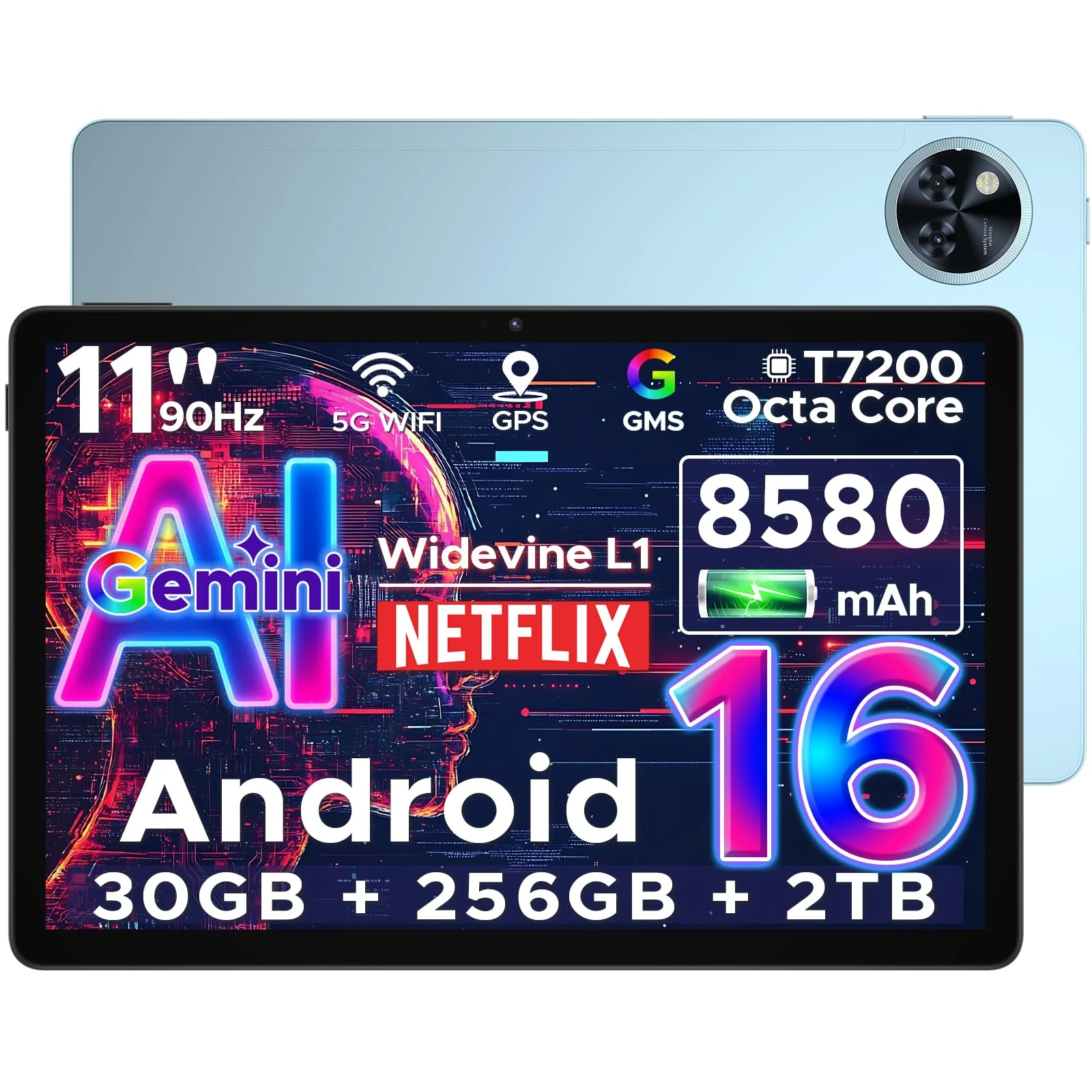 DOOGEE U11 Pro 2025 Newest Android 16 Tablet 11 Inch, Gemini AI Android Tablets Octa-Core 30GB RAM 256GB ROM(TF 2TB), 8580mAh Battery, 3.5mm Jack | Widevine L1 | 5G WiFi | 13MP+5MP | GPS | OTG, Blue