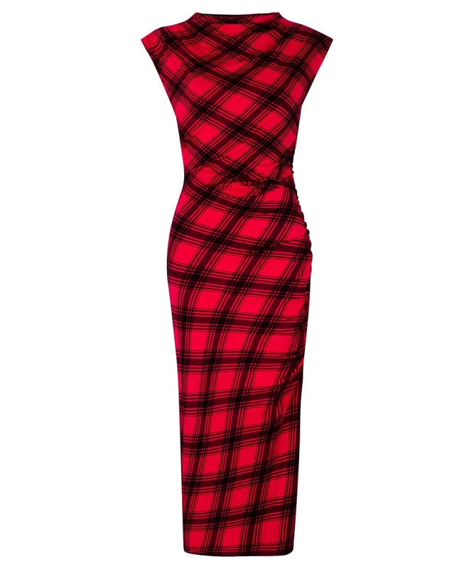 Joe Browns Women's Cowl Neck Flocked Check Jersey Bodycon Midi Dress, Red, 6