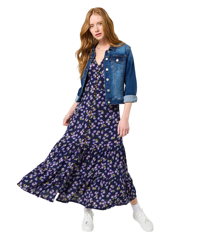 Joe Browns Women's Dark Vintage Floral Puff Sleeve V-Neck Midi Dress, Petite, Navy, UK 6