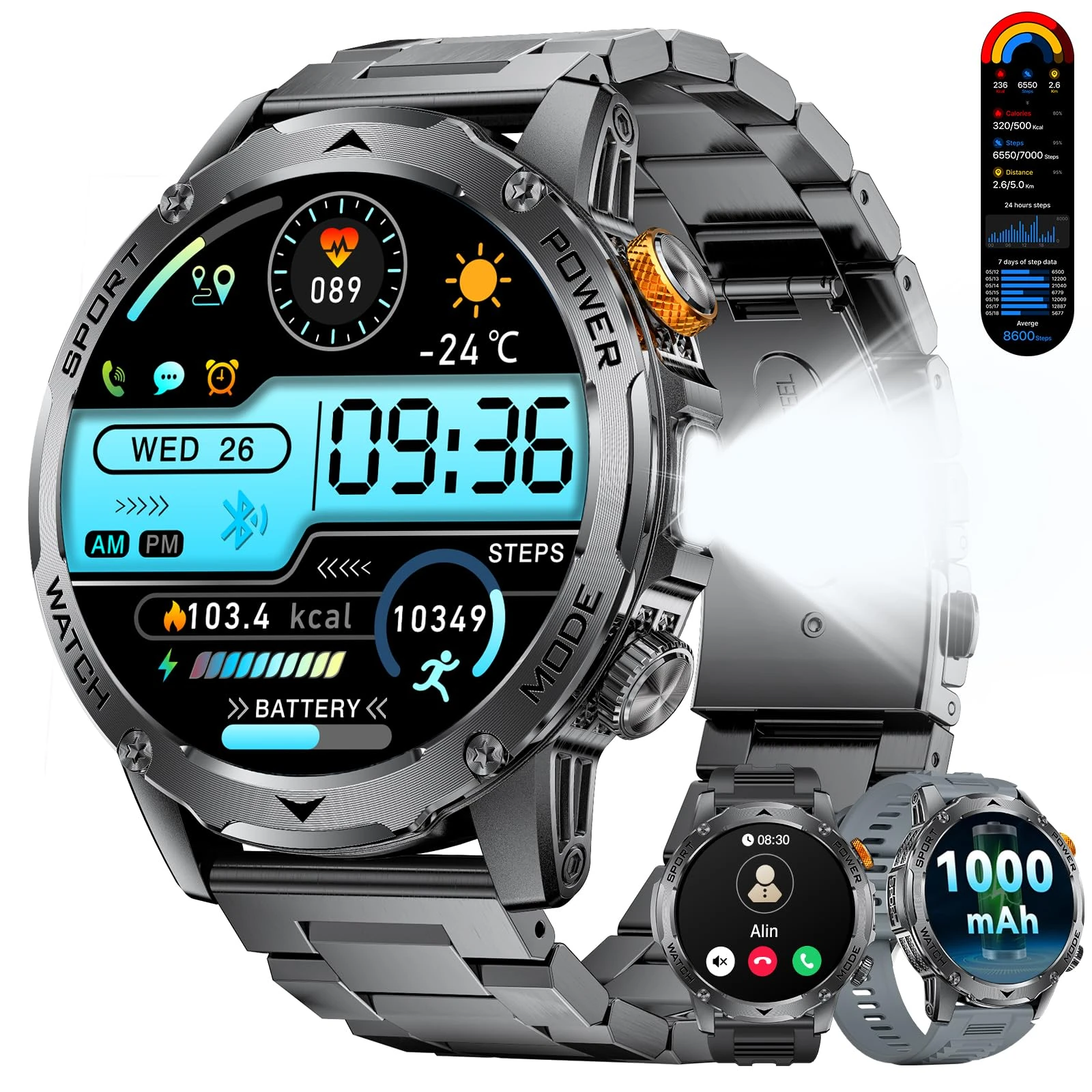 Smart Watch for Men (Bluetooth 5.2 Calls) with Flashlight, 1.75"HD Display/1000mAh Long Battery Life, Fitness Tracker with Heart Rate/Sleep Monitor/IP68/120+ Sports Modes for iOS Android,3 Bands