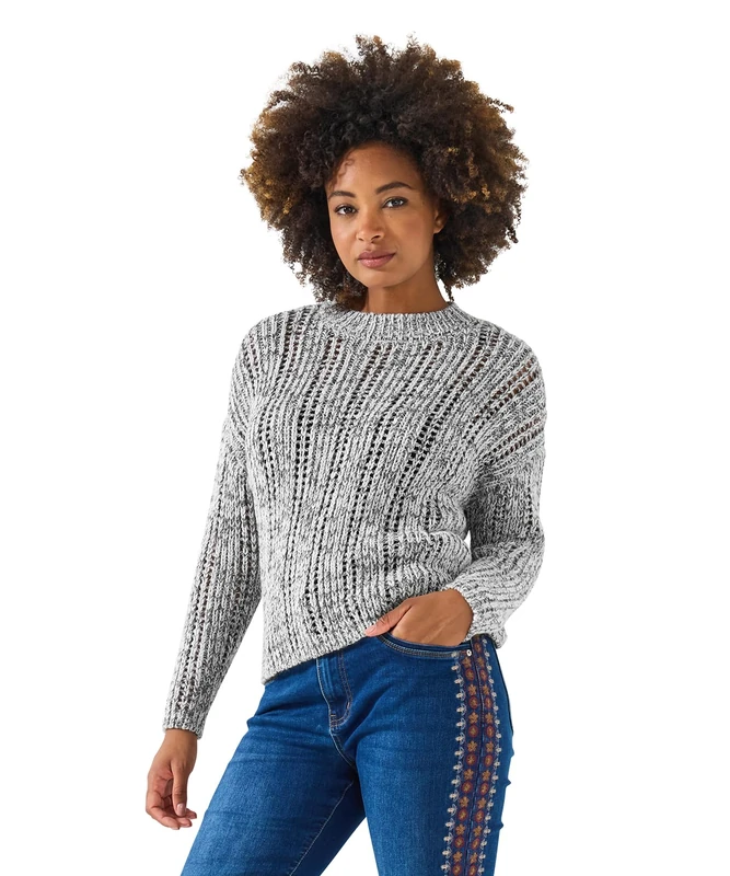 Joe Browns Women's Crew Neck Open Knit Jumper Sweater, Grey, 16