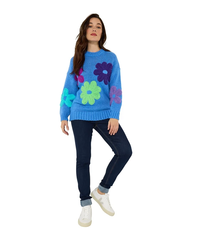 Joe Browns Women's Oversized Colourful Chunky Floral Applique Long Sleeve Jumper, Oversized, Blue, UK 8