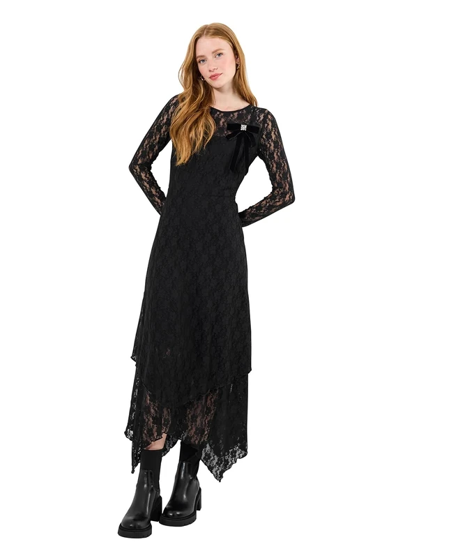 Joe Browns Women's Versatile Black Lace Dress with Brooch, Regular, Black, UK 8