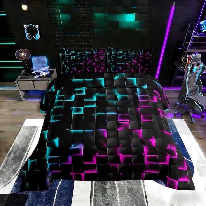 Erosebridal Geometric Checkered Comforter Set Full Neon Teal Purple Bedding Set for Kids Boys Teen Men Gamer Room Decor,Abstract Ombre Plaid Comforter Geometry Grids Quilt Duvet Black