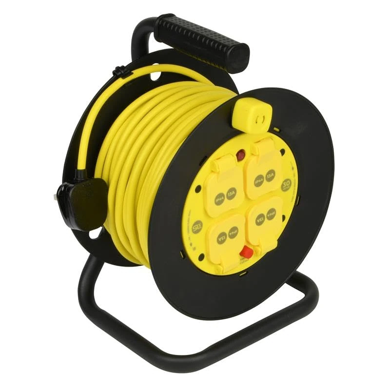 SLx Extension Lead 30m Water Resistant Cable Reel 4 IP44 Rated 13A Covered Sockets with Thermal Cut-Out Heavy-Duty Weatherproof Power Reel for Garden, DIY & Trade