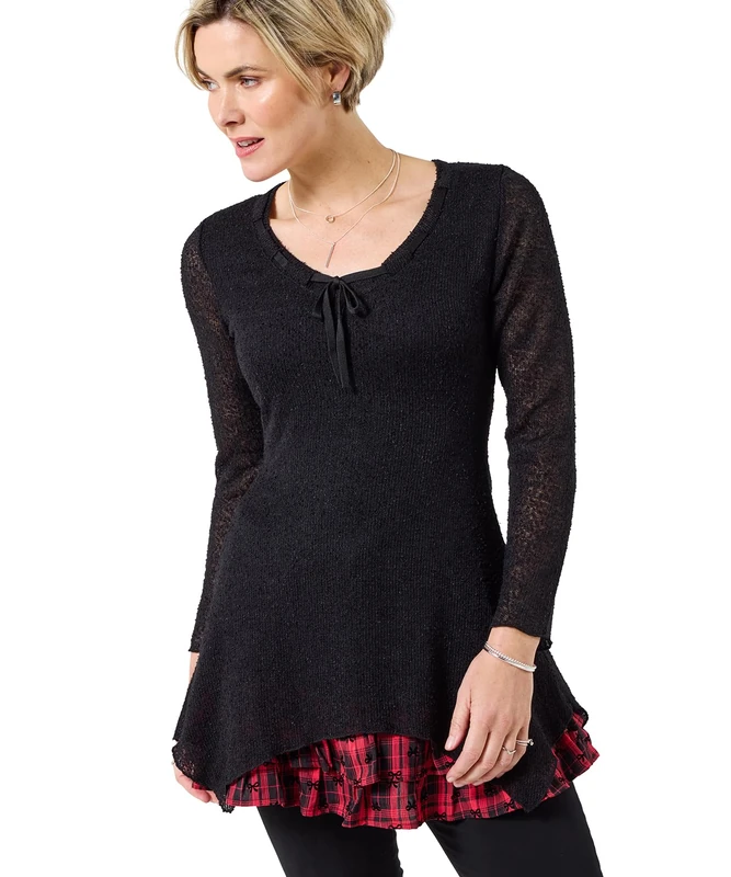 Joe Browns Women's Handkerchief Hem Flared Sleeve Tie Neck Tunic Top, Regular, Black, UK 16